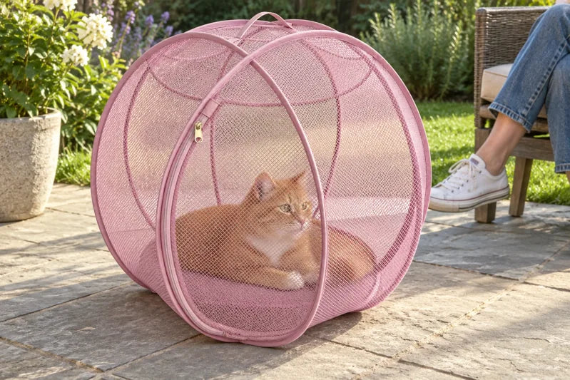 Ginger cat lounging in a pink Purrpod beside its owner on a patio